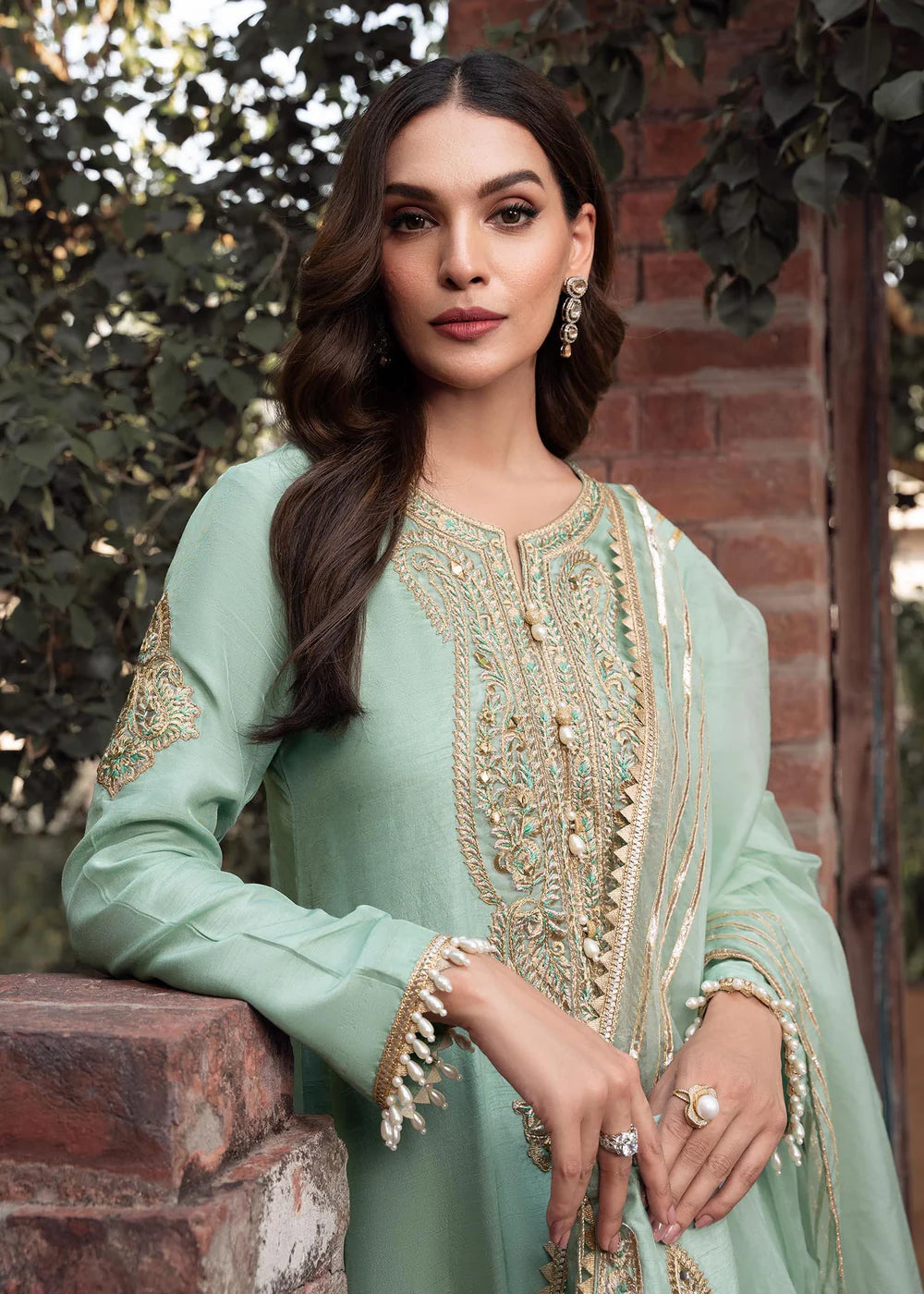 Zareen | Mint Green Khaddi Silk Embroidered Suit