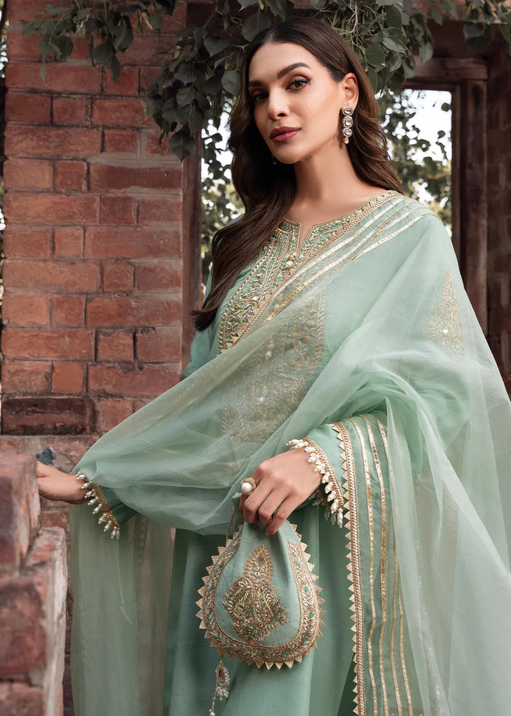 Zareen | Mint Green Khaddi Silk Embroidered Suit
