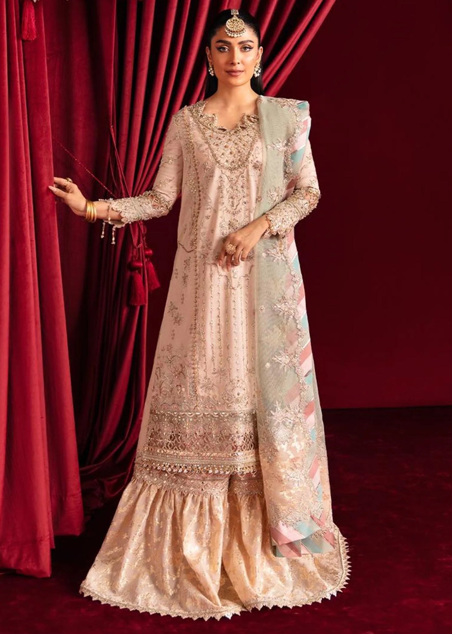 Qalamkar | Gotta Embroidered Lace Gharara