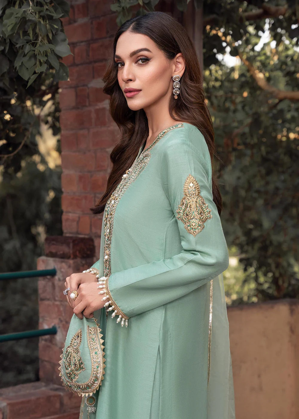 Zareen | Mint Green Khaddi Silk Embroidered Suit