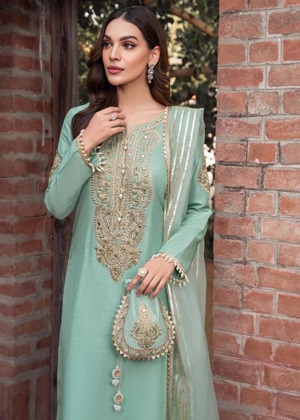 Zareen | Mint Green Khaddi Silk Embroidered Suit