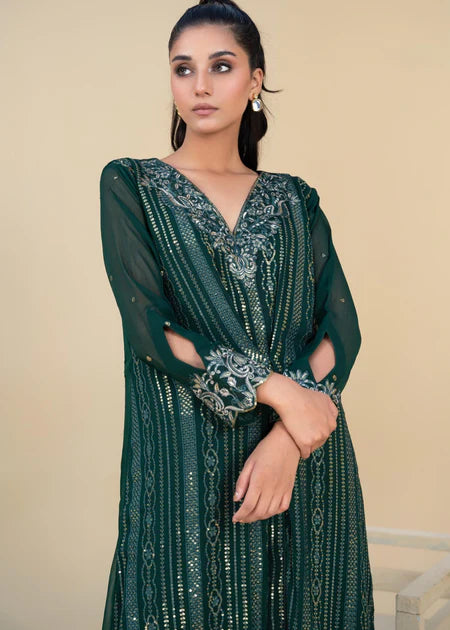 Jewel | Bottle Green Chiffon Embroidered Kaftan