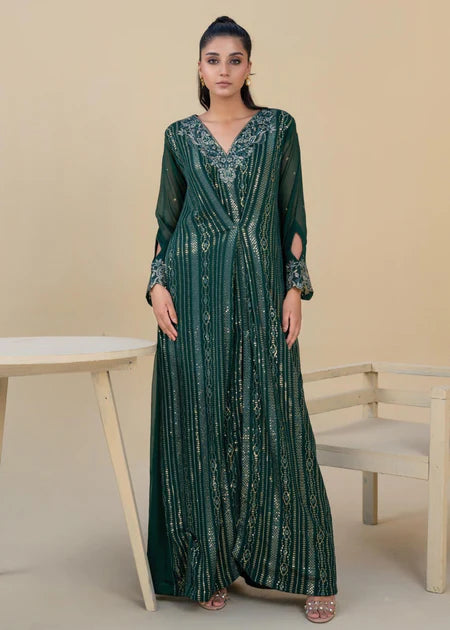 Jewel | Bottle Green Chiffon Embroidered Kaftan