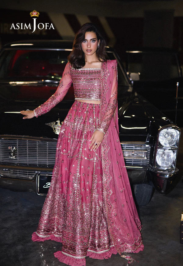 Asim Jofa | Pink Embroidered Sequined Net Lehenga Choli