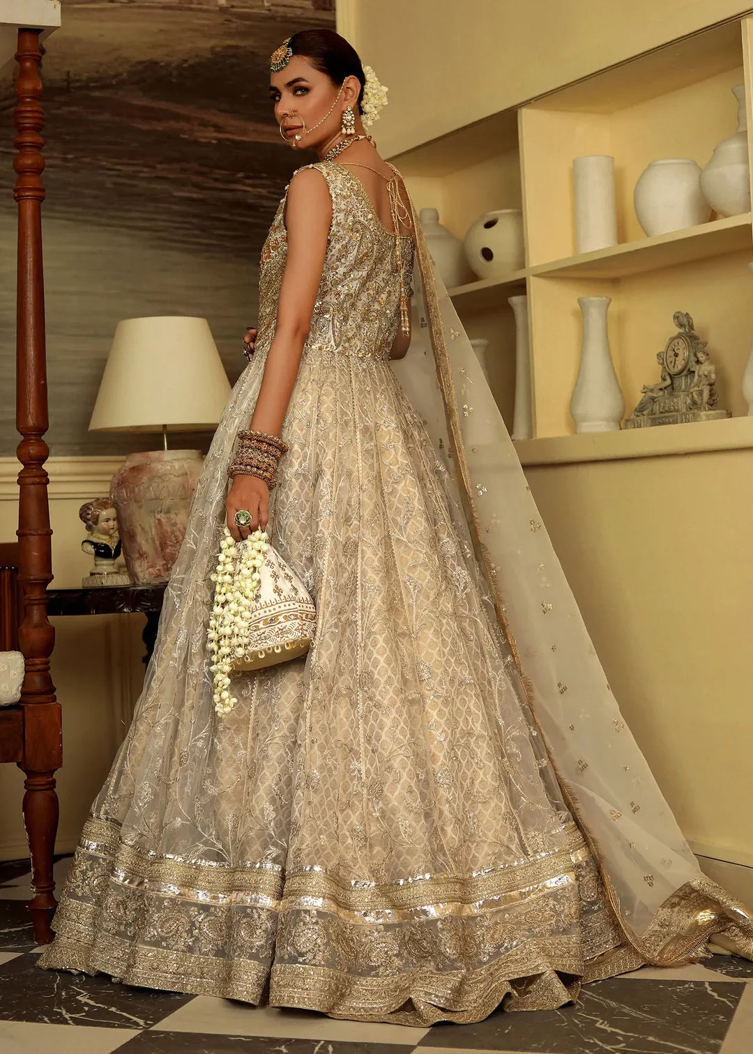 Sukhan | Cream Organza Jamawar Embellished Pishwas