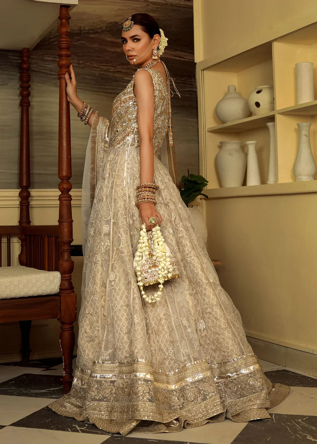 Sukhan | Cream Organza Jamawar Embellished Pishwas