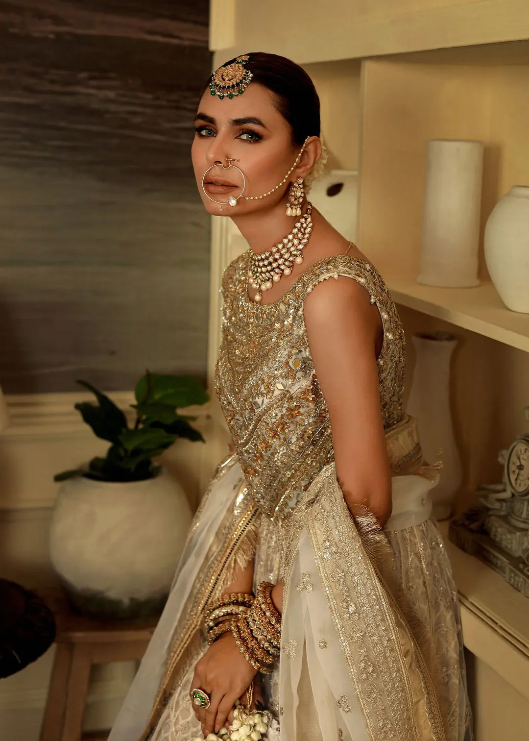 Sukhan | Cream Organza Jamawar Embellished Pishwas