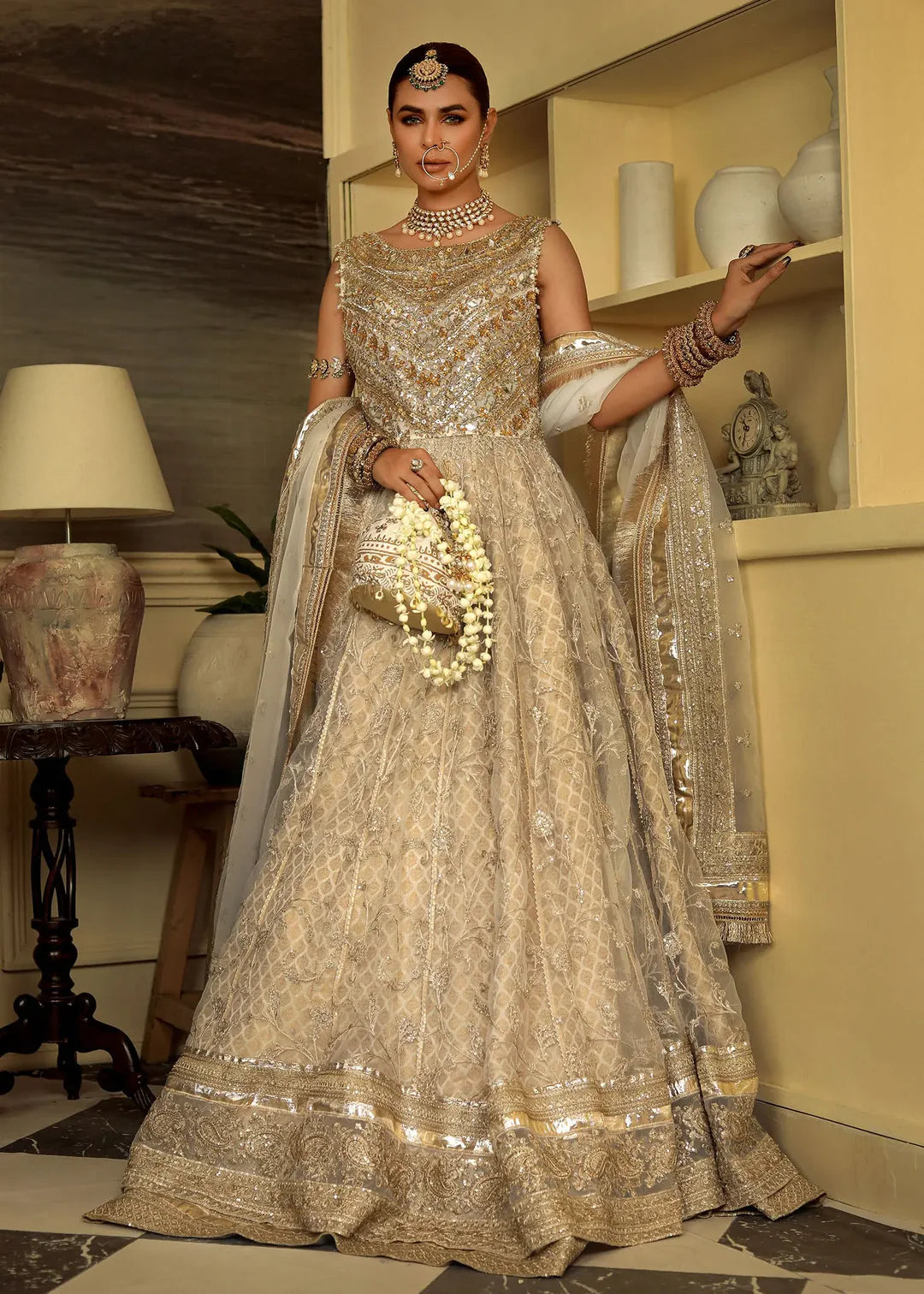 Sukhan | Cream Organza Jamawar Embellished Pishwas