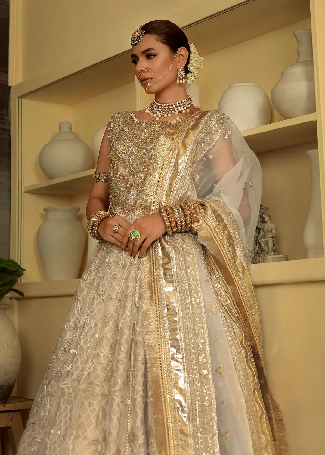 Sukhan | Cream Organza Jamawar Embellished Pishwas
