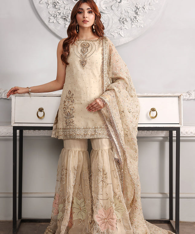 Suhana | Ivory Organza Embellished Gharara
