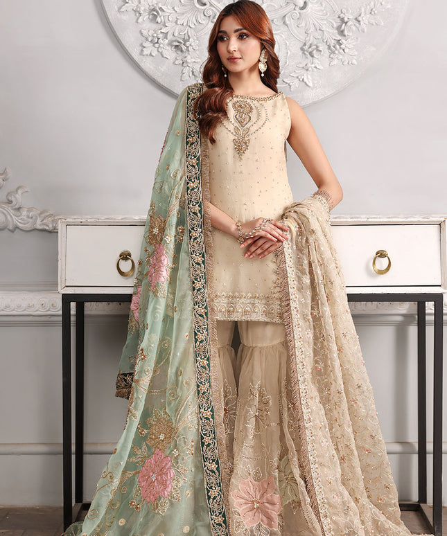Suhana | Ivory Organza Embellished Gharara