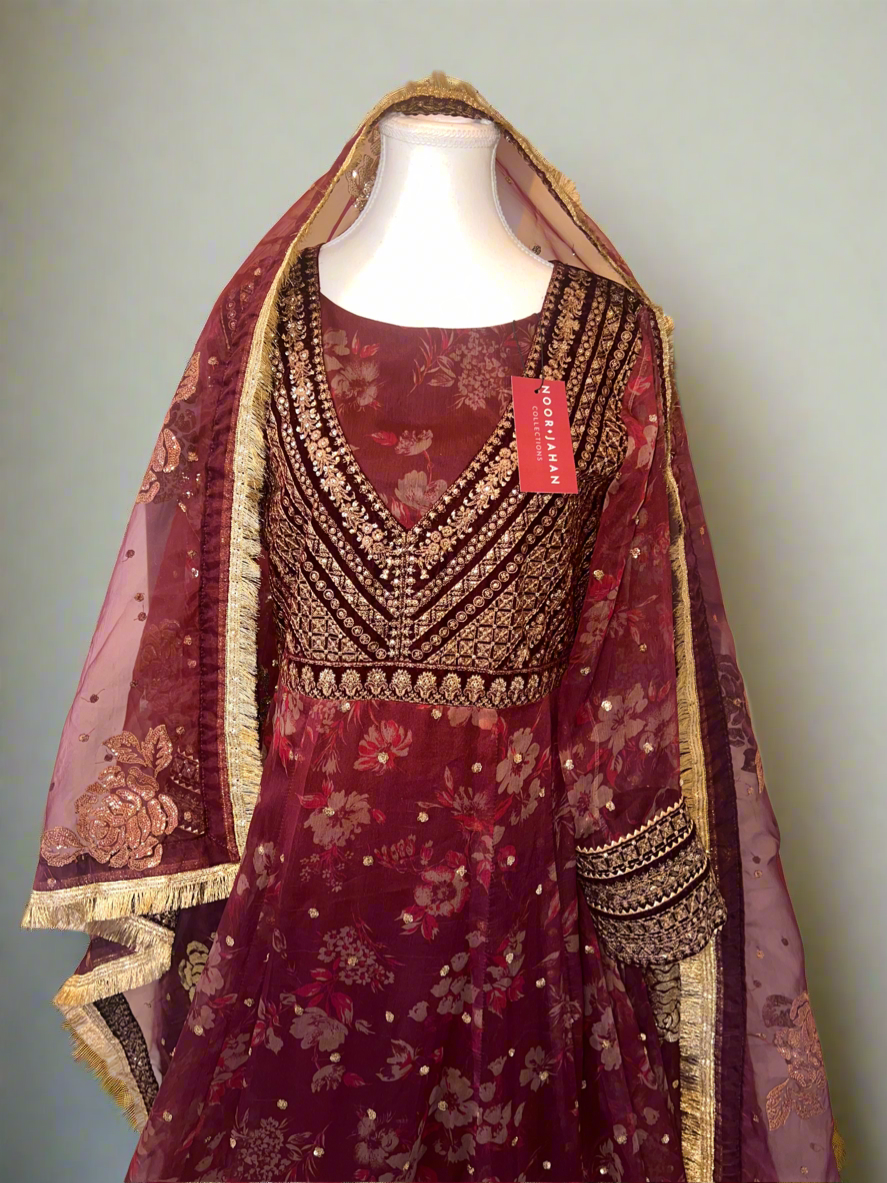 Sukhi | Maroon Embroidered Chiffon Velvet Maxi