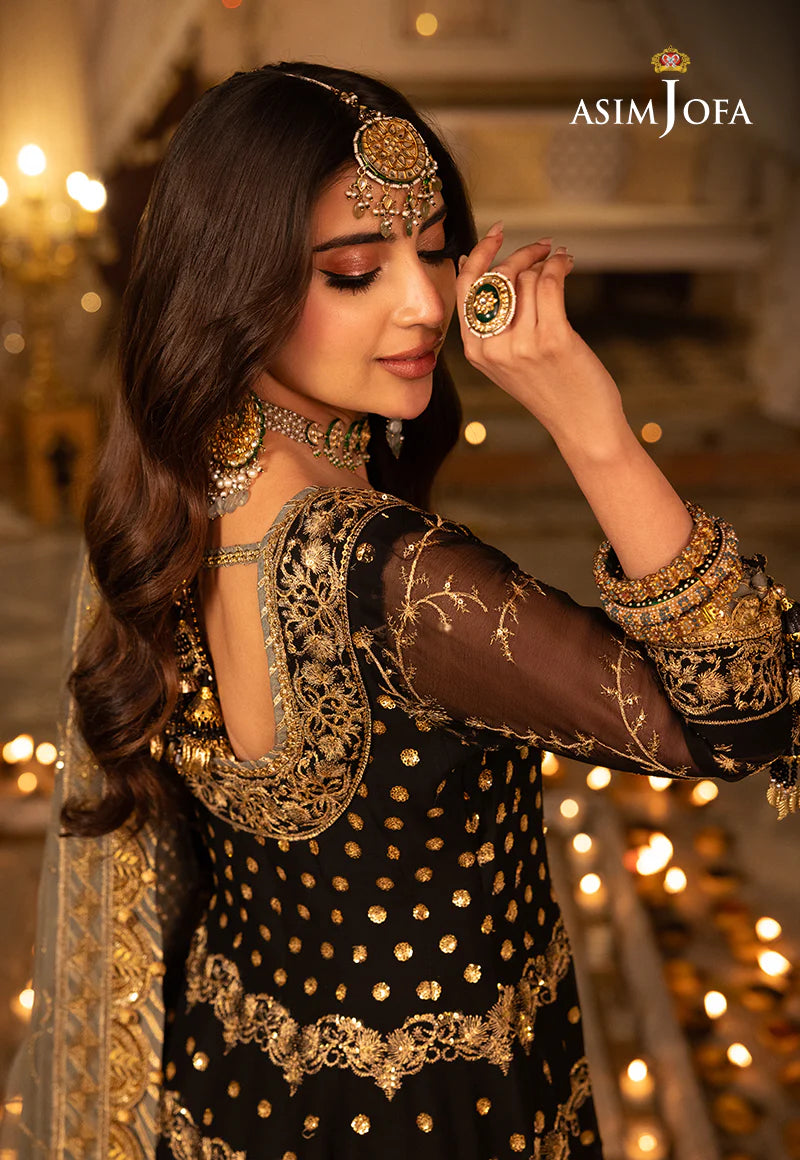Asim Jofa | Black Embroidered Chiffon Angrakha