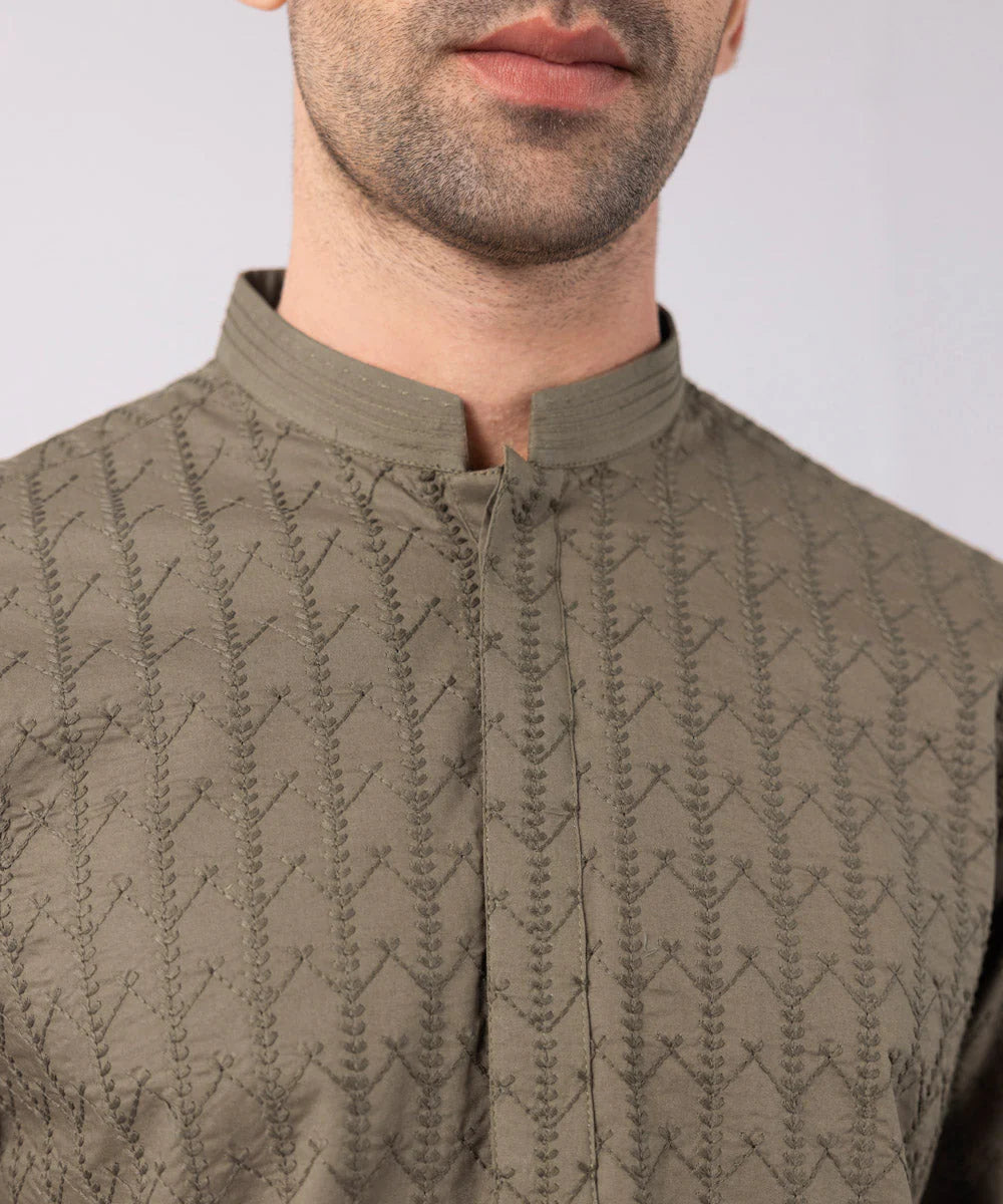 2 Piece | Brown Schiffli Embroidered Cotton Kurta Shalwar