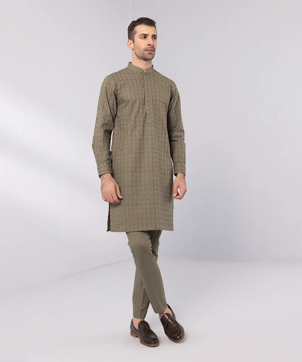 2 Piece | Brown Schiffli Embroidered Cotton Kurta Shalwar