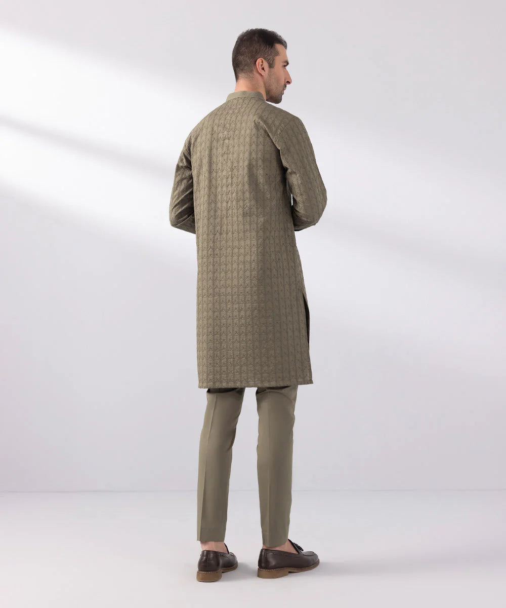 2 Piece | Brown Schiffli Embroidered Cotton Kurta Shalwar