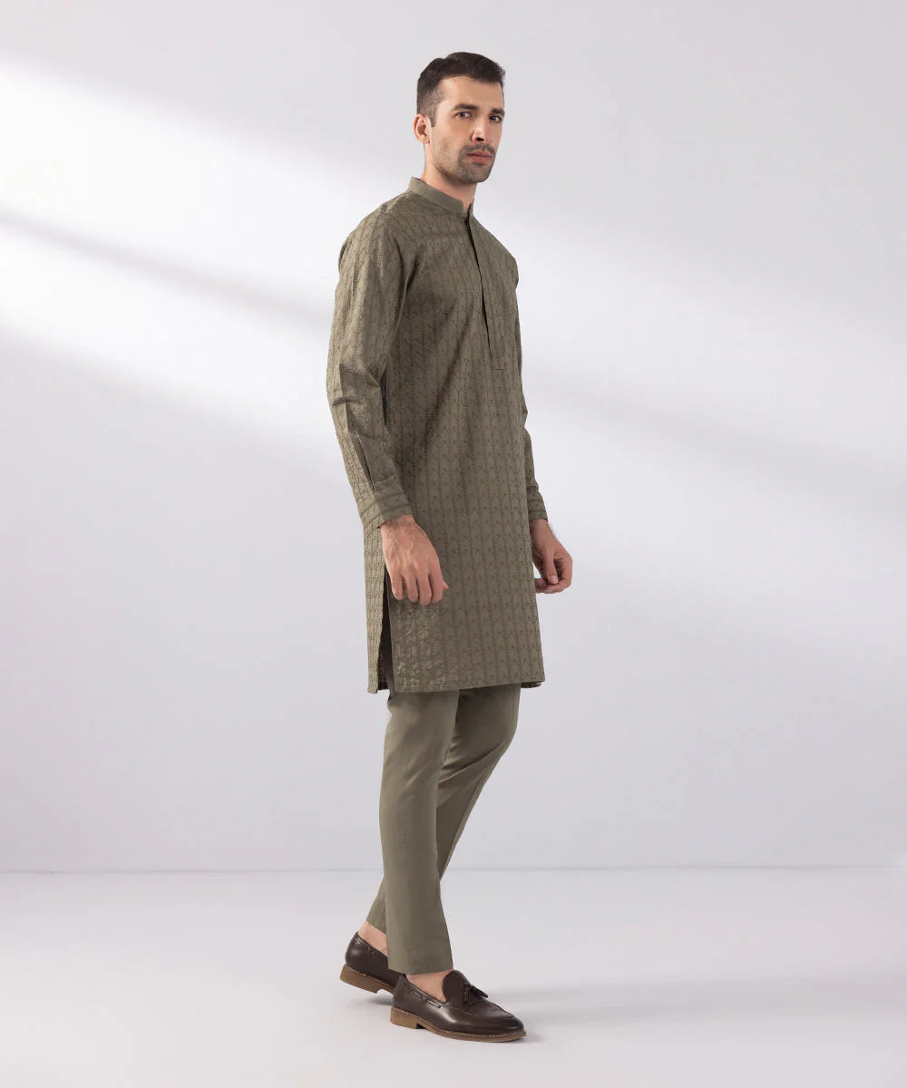 2 Piece | Brown Schiffli Embroidered Cotton Kurta Shalwar
