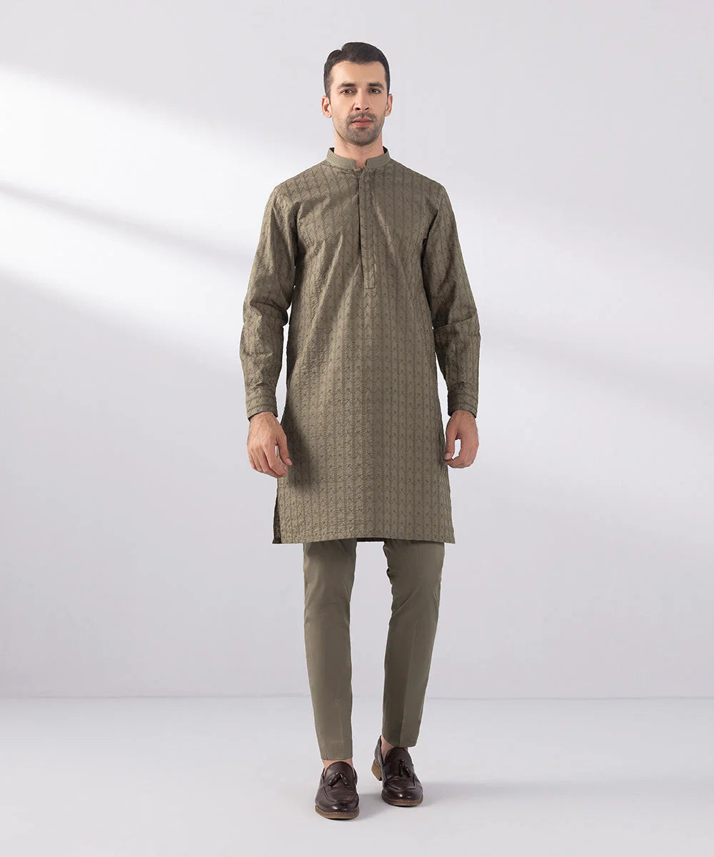 2 Piece | Brown Schiffli Embroidered Cotton Kurta Shalwar