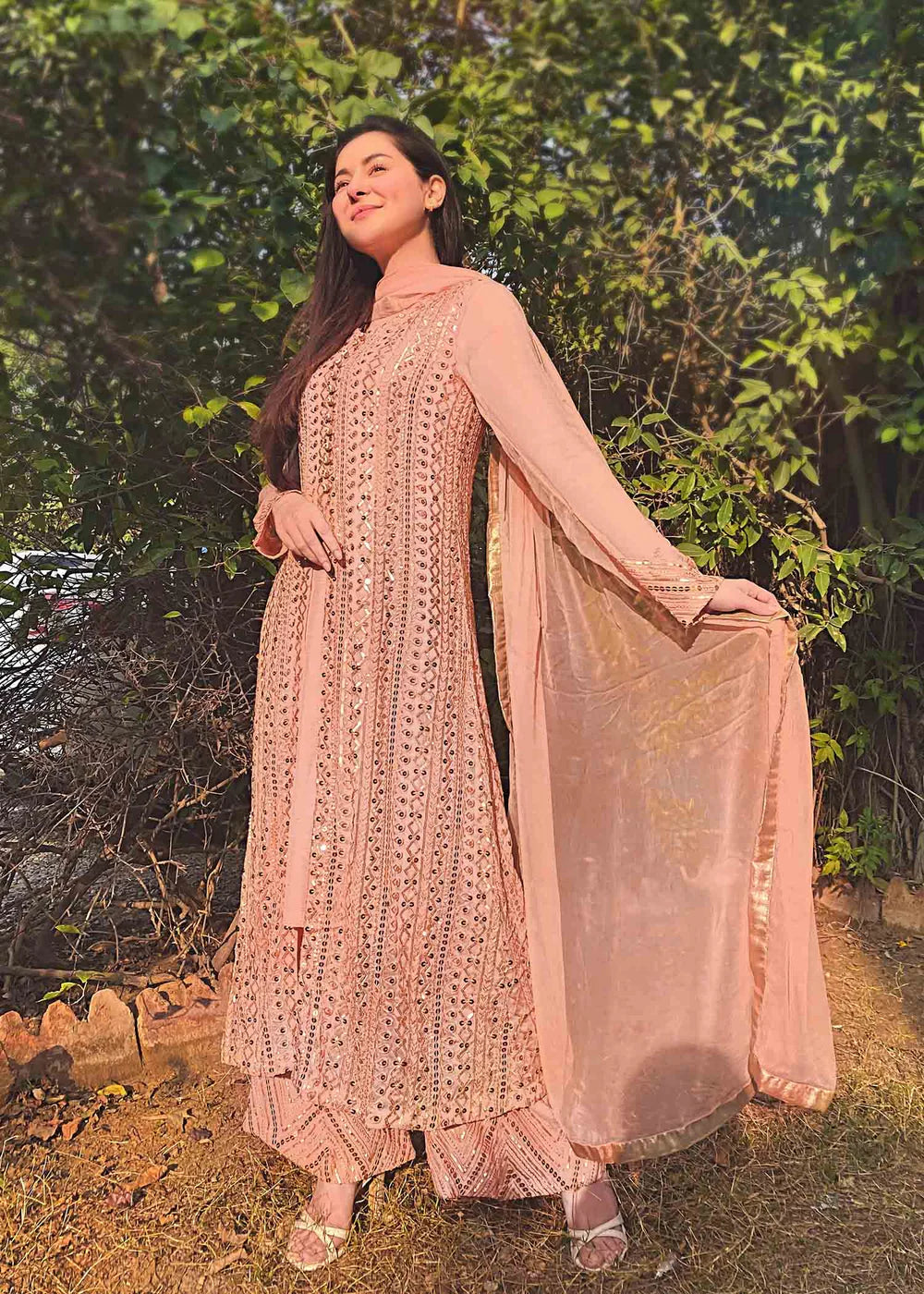 Ufaq | Peach Chikenkari Embellished Gown