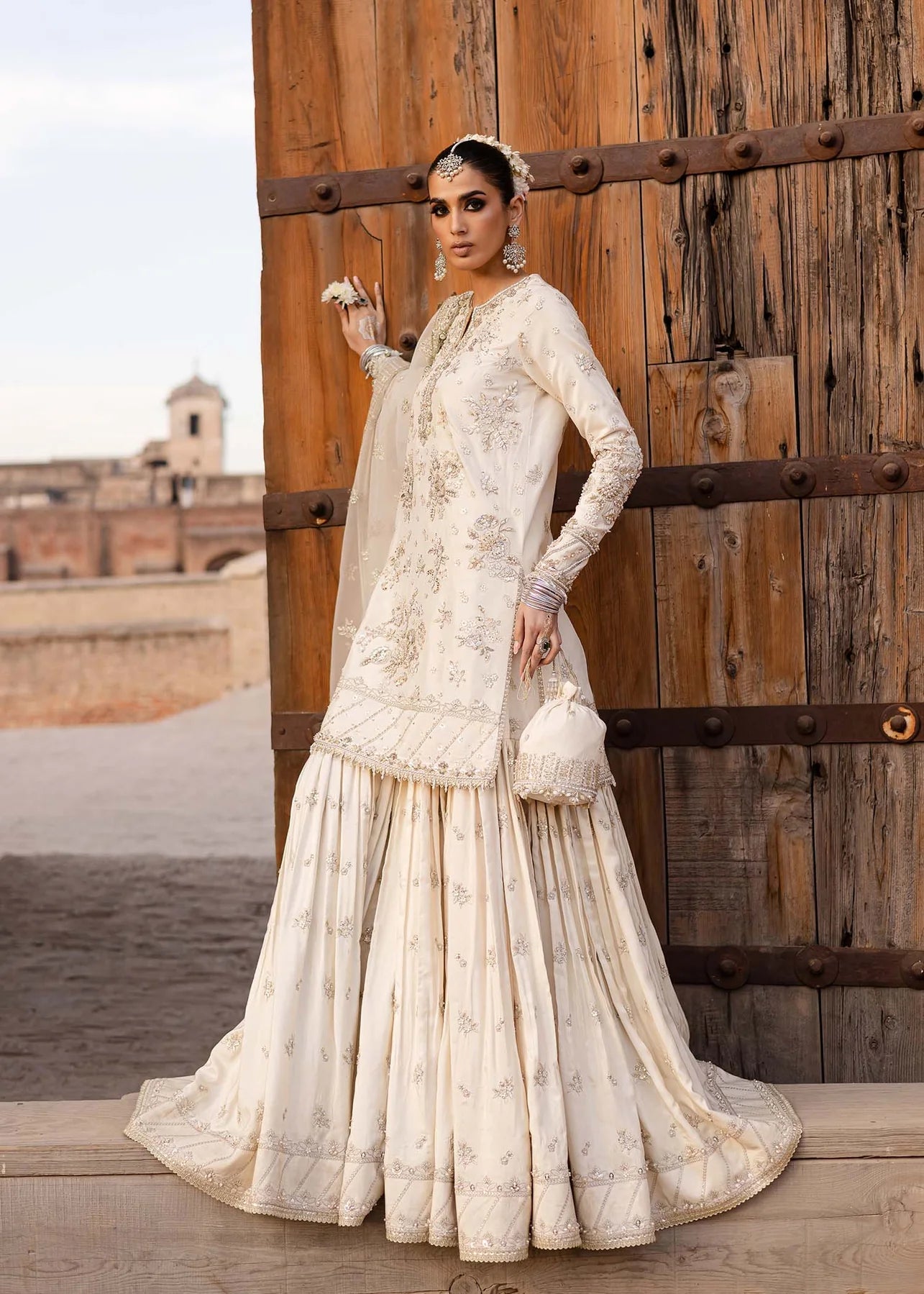 Roshaneh | Off White Tussel Silk Embroidered Hand Embellished Gharara