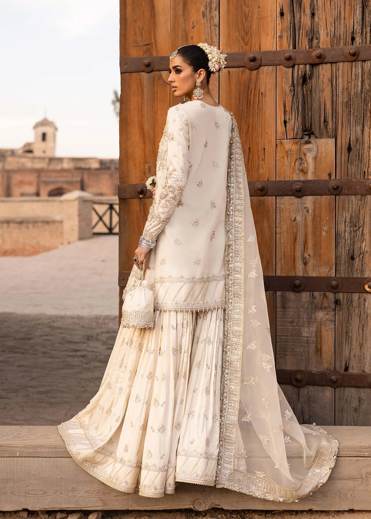 Roshaneh | Off White Tussel Silk Embroidered Hand Embellished Gharara