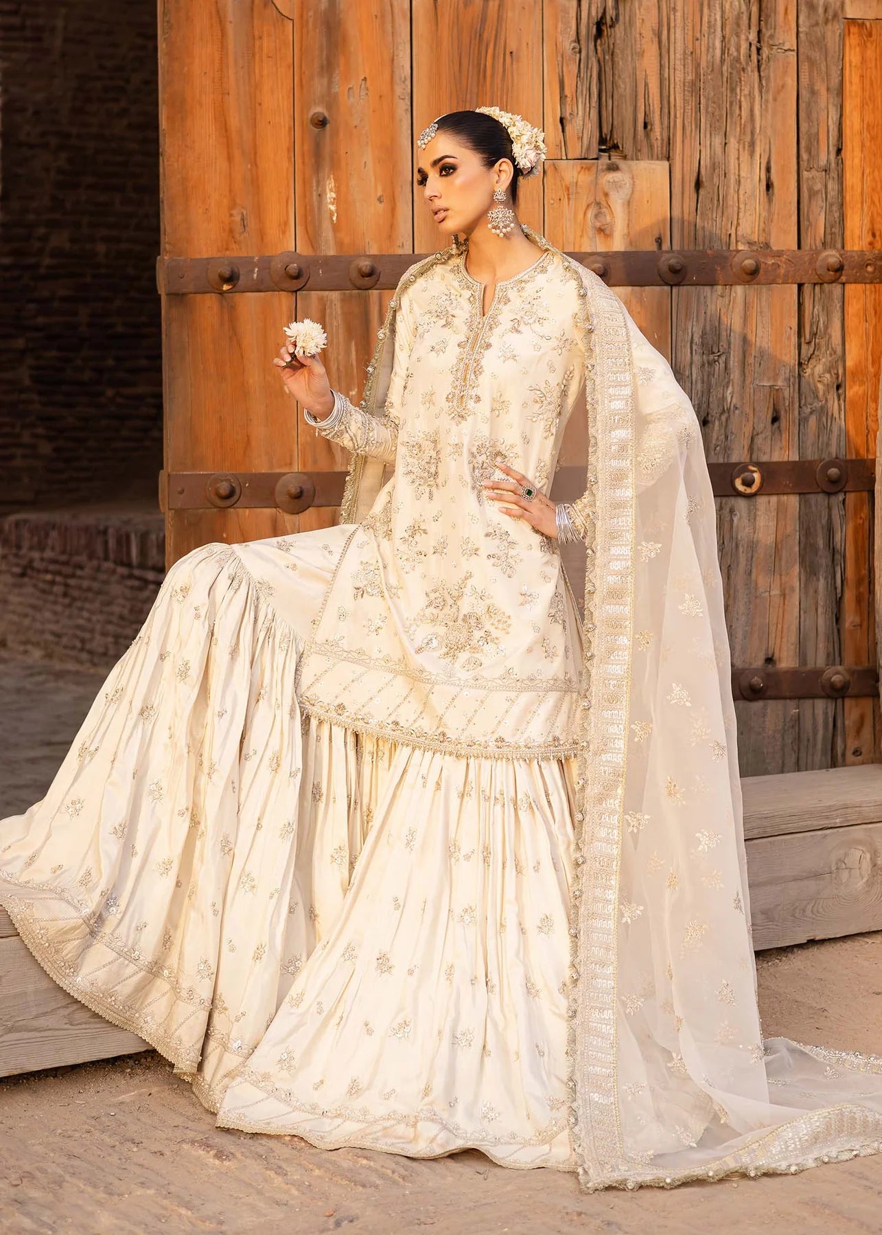Roshaneh | Off White Tussel Silk Embroidered Hand Embellished Gharara