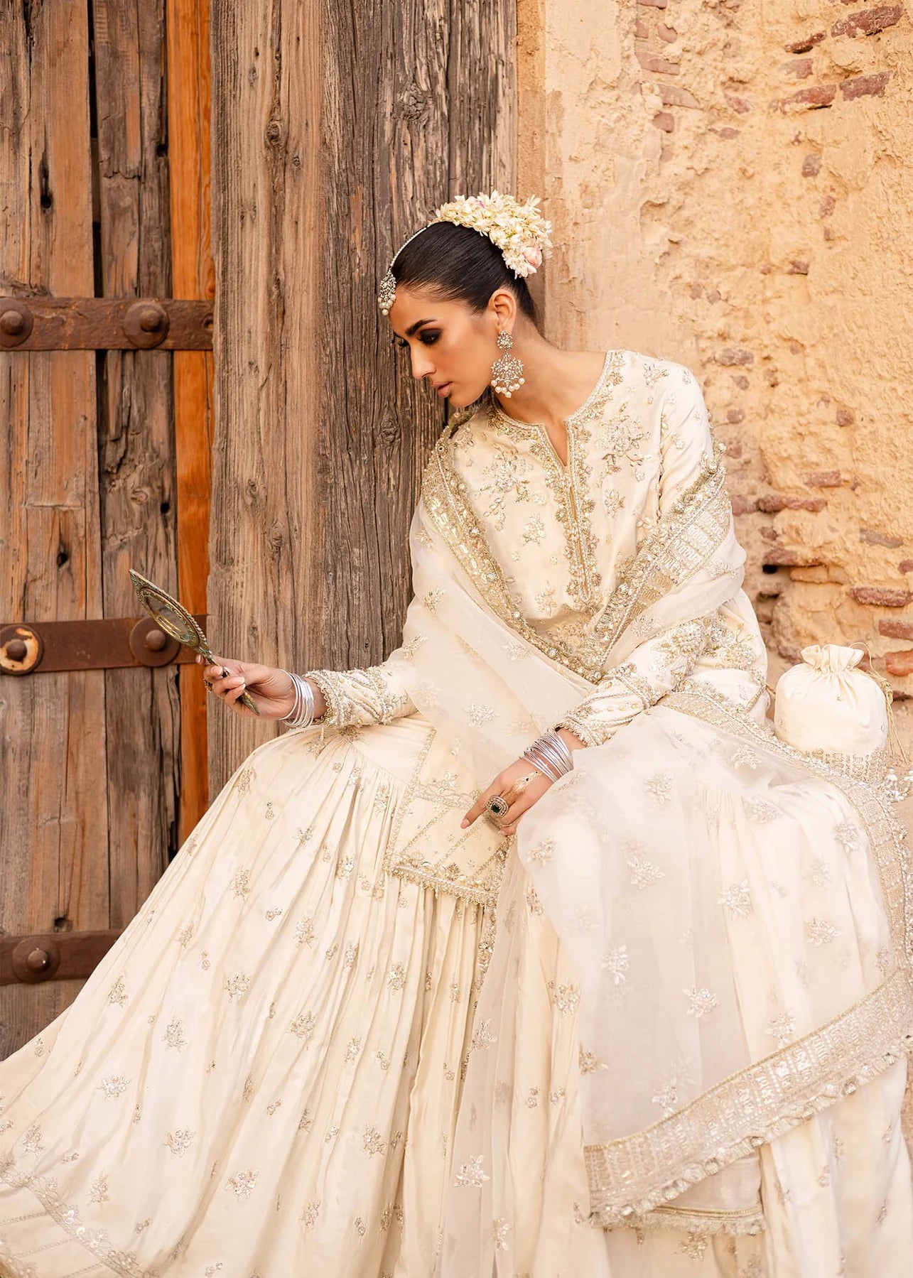 Roshaneh | Off White Tussel Silk Embroidered Hand Embellished Gharara