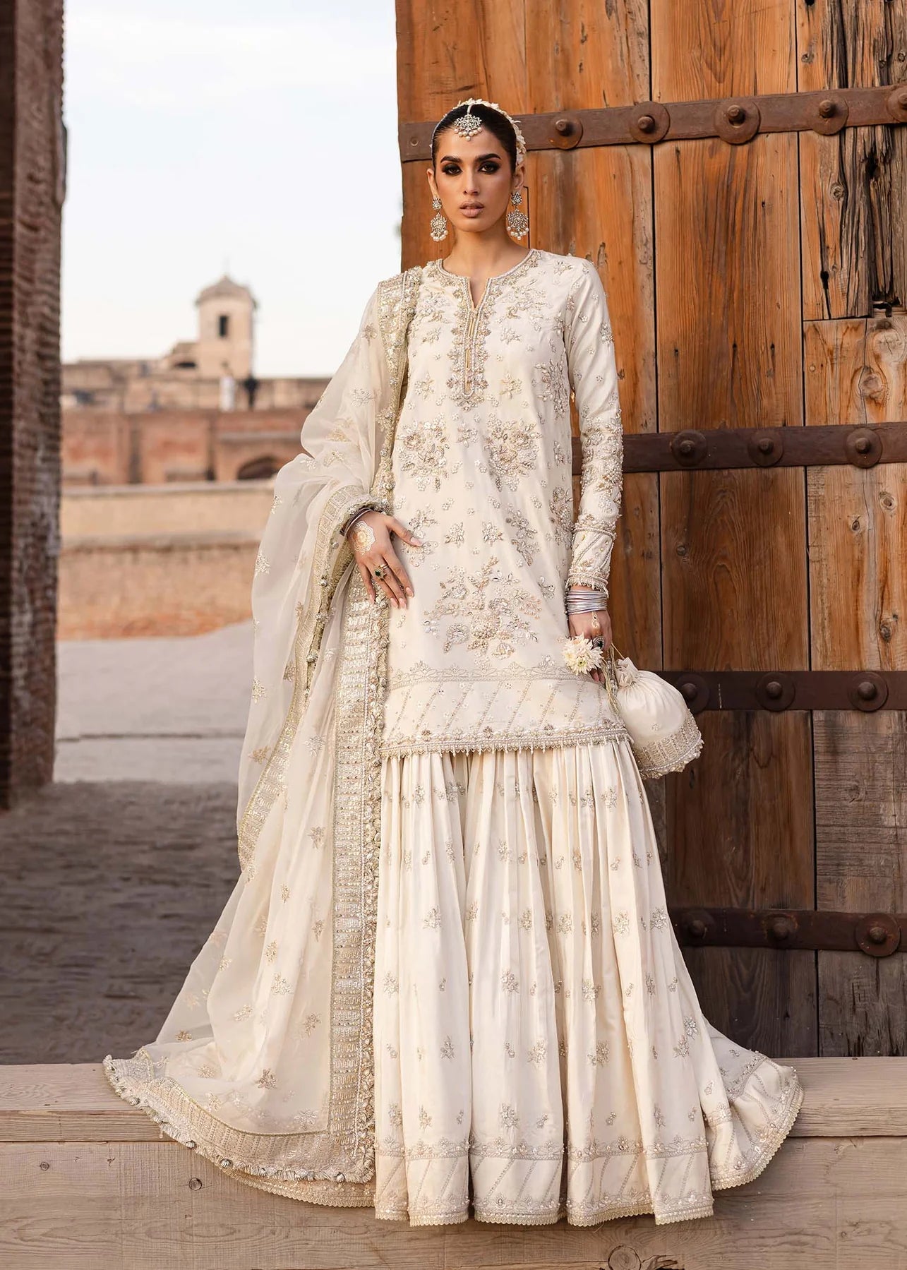 Roshaneh | Off White Tussel Silk Embroidered Hand Embellished Gharara