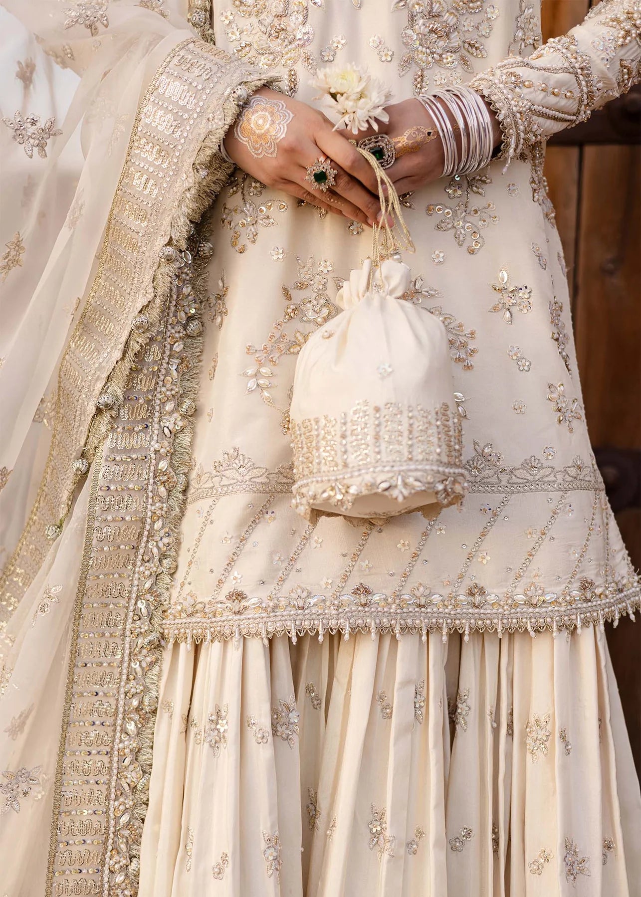 Roshaneh | Off White Tussel Silk Embroidered Hand Embellished Gharara
