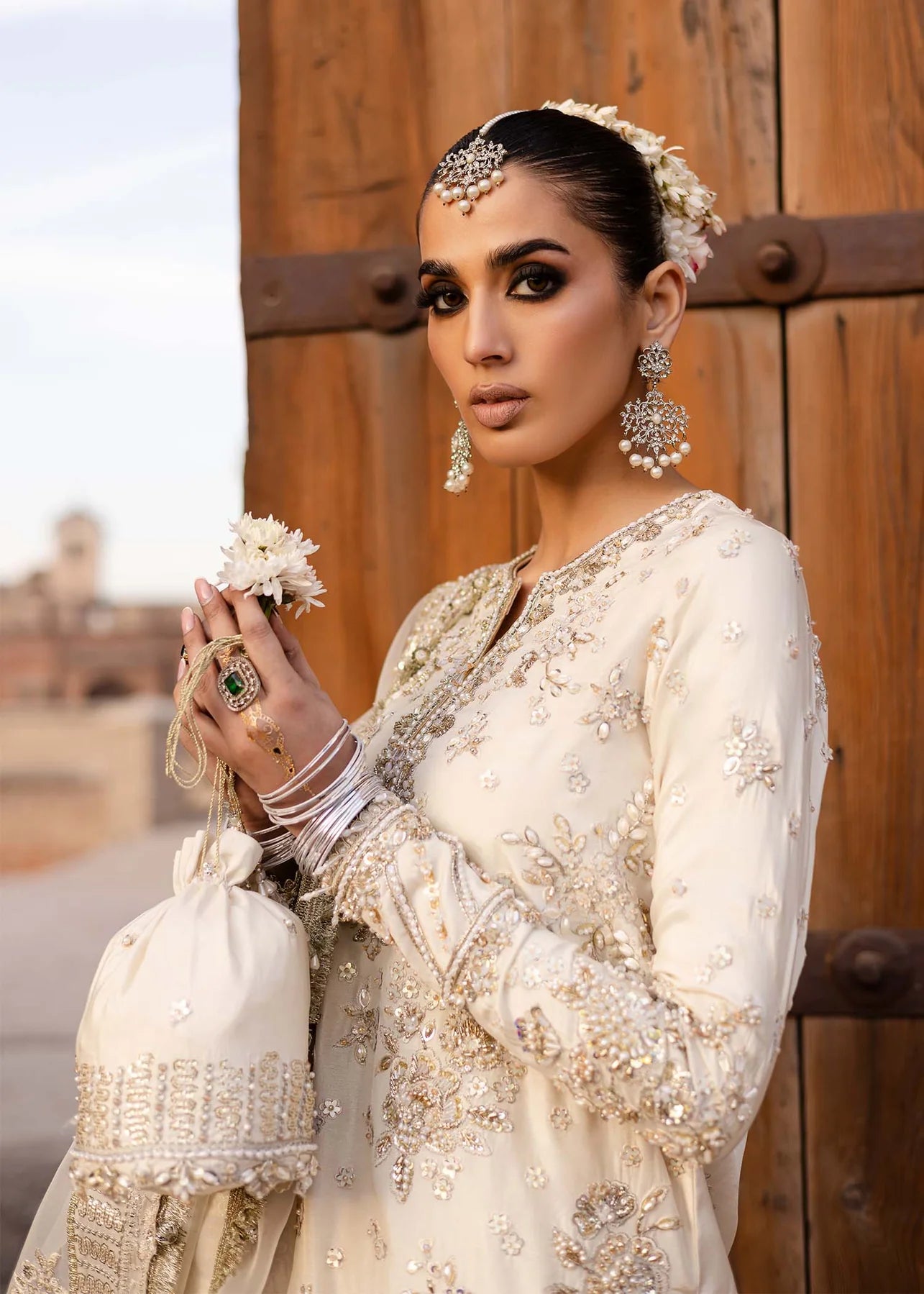 Roshaneh | Off White Tussel Silk Embroidered Hand Embellished Gharara
