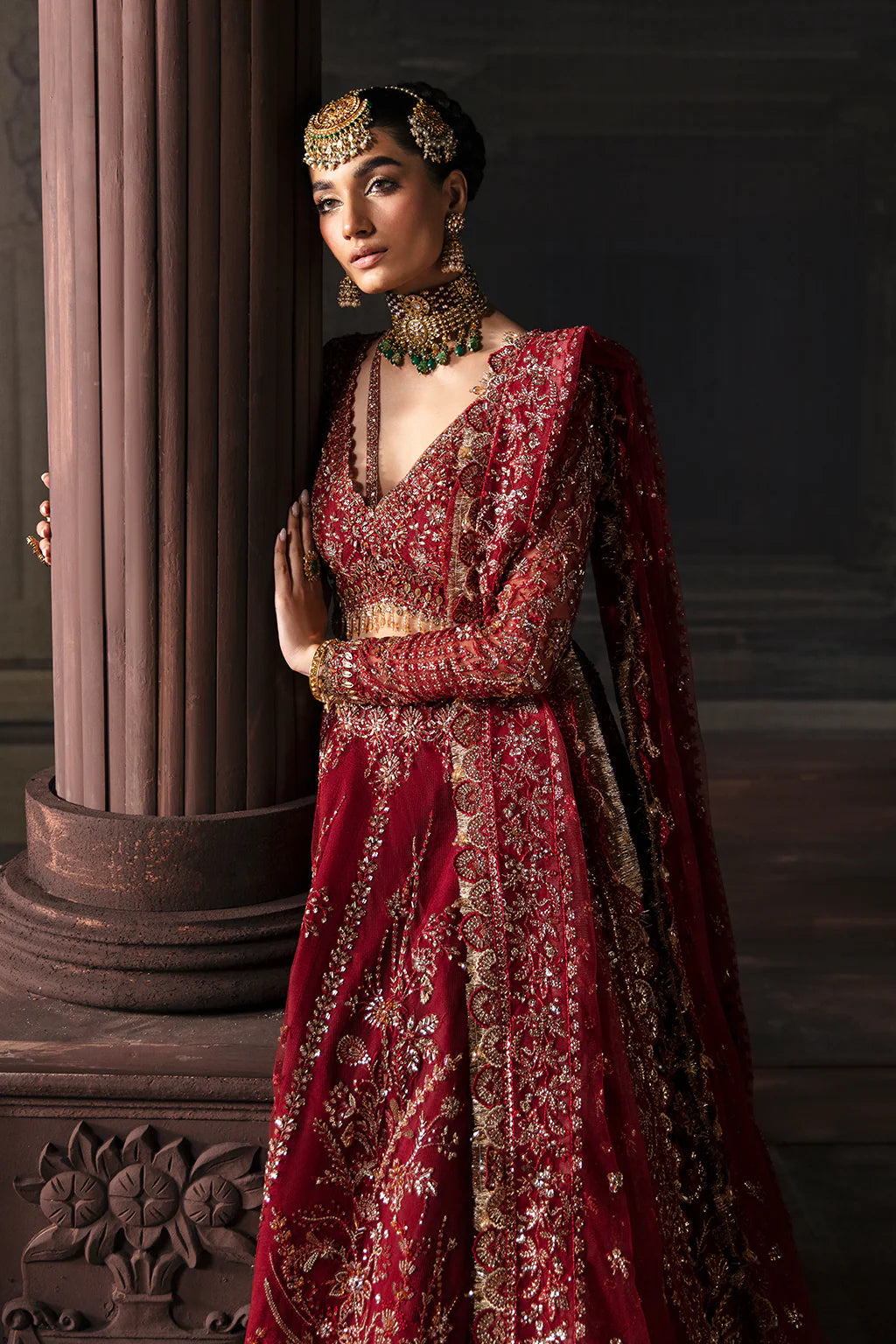 Emmaline | Maroon Net Organza Embellished Lehenga Choli