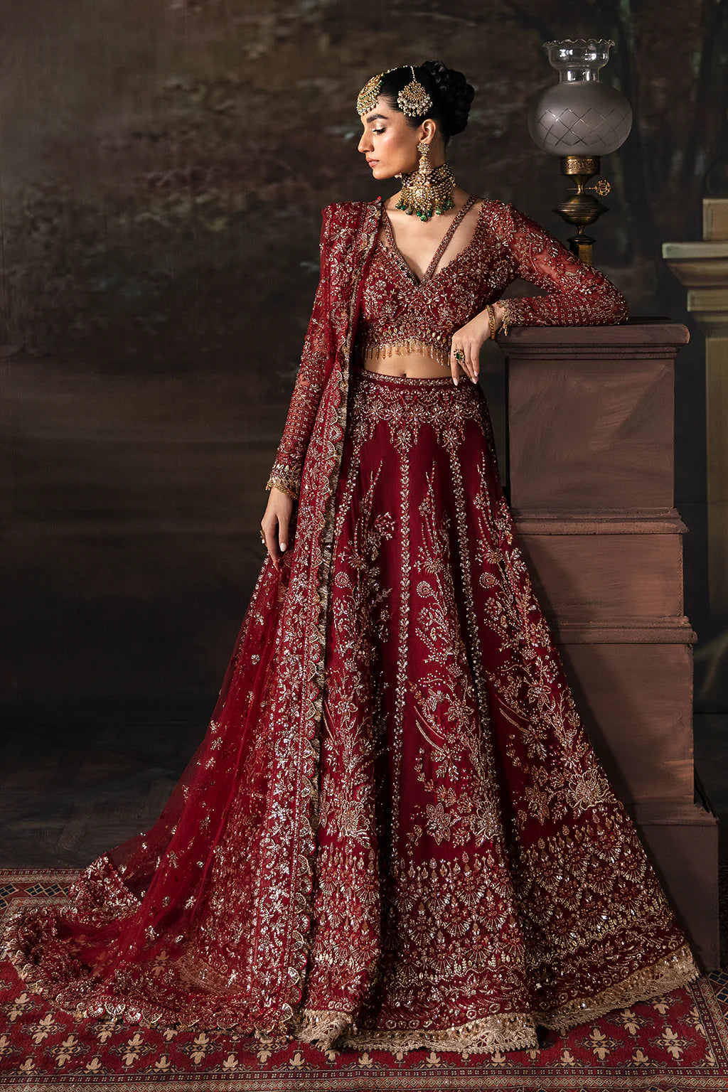 Emmaline | Maroon Net Organza Embellished Lehenga Choli