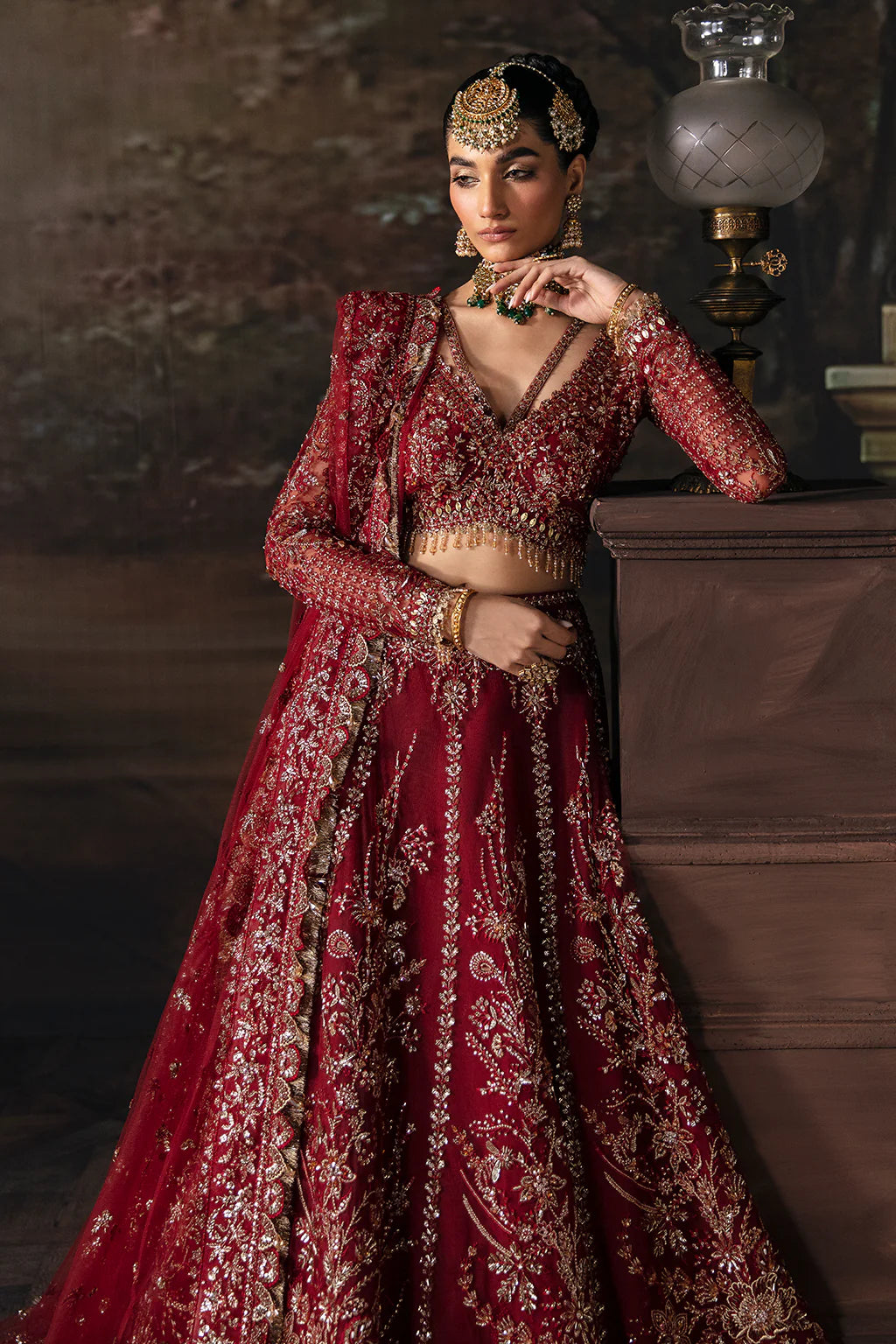 Emmaline | Maroon Net Organza Embellished Lehenga Choli