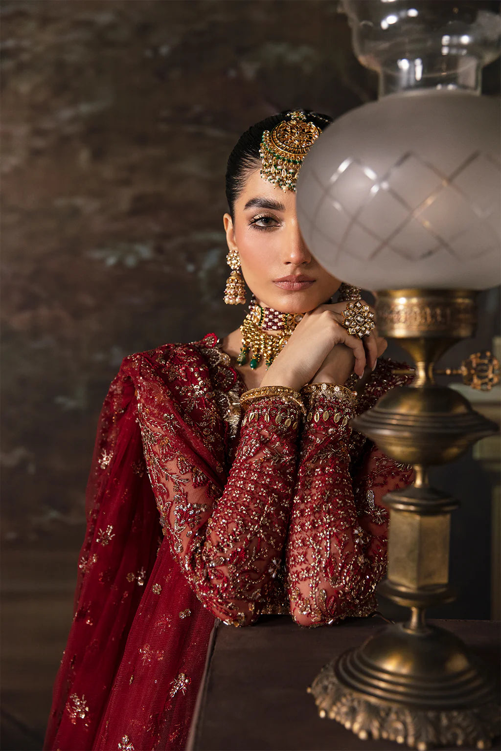 Emmaline | Maroon Net Organza Embellished Lehenga Choli