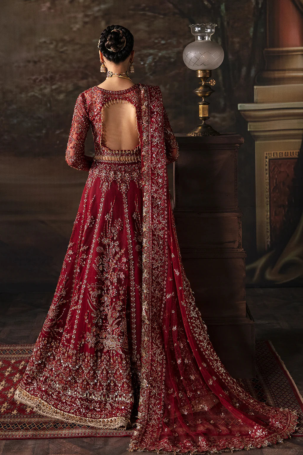 Emmaline | Maroon Net Organza Embellished Lehenga Choli