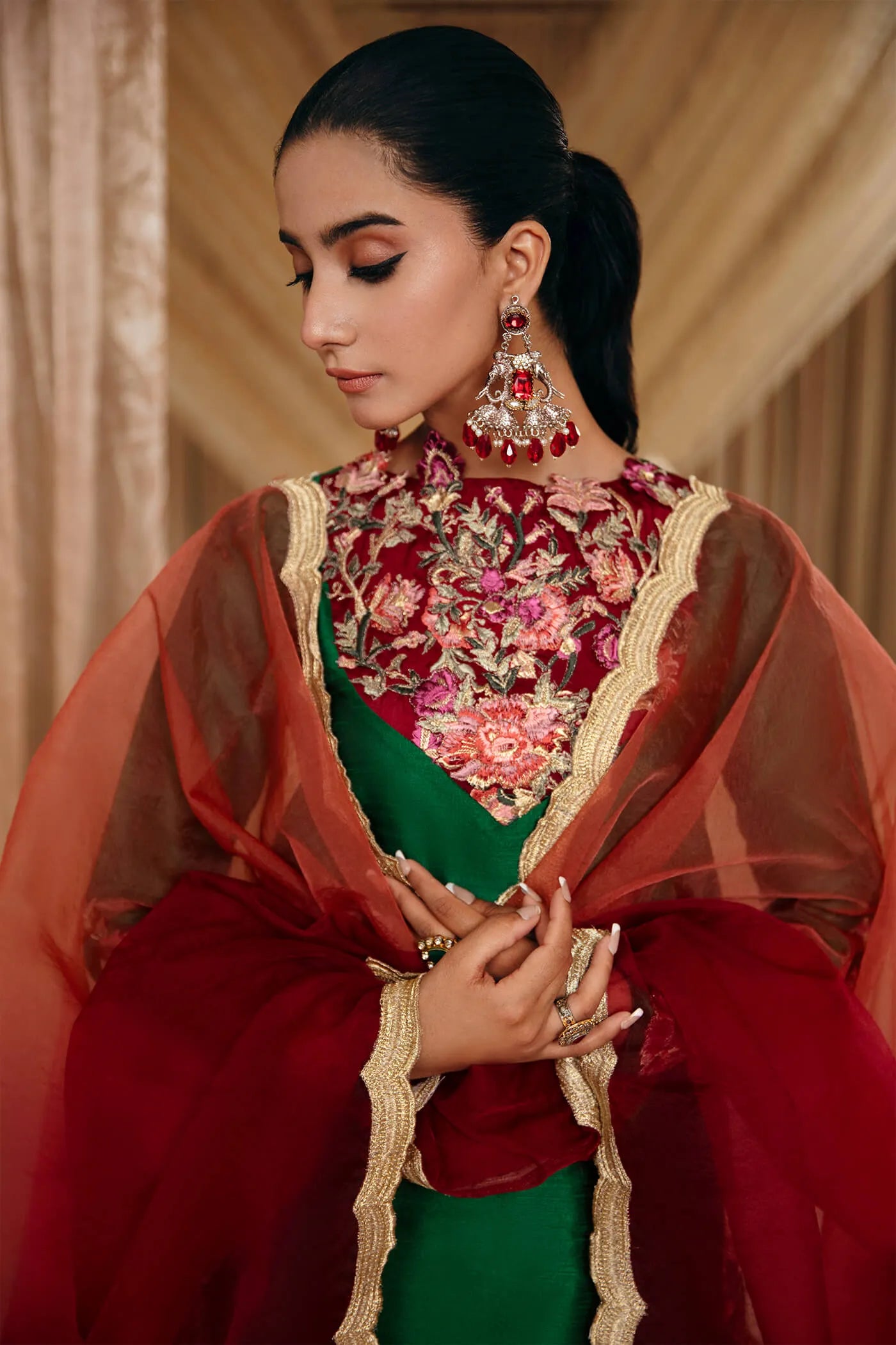 Emerald Green | Embroidered Embellished Silk Suit