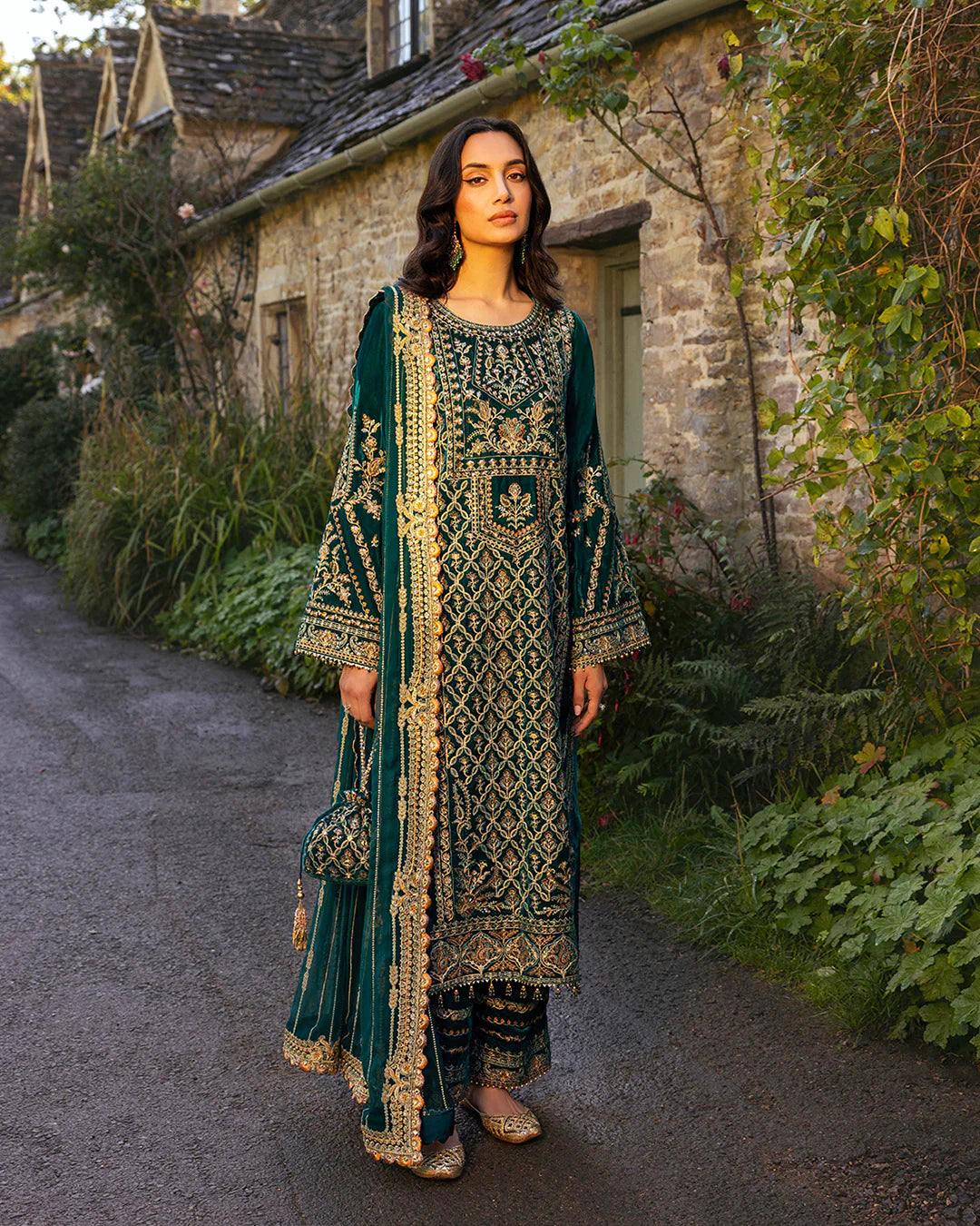 Faiza Saqlain | Teal Embroidered Velvet Suit