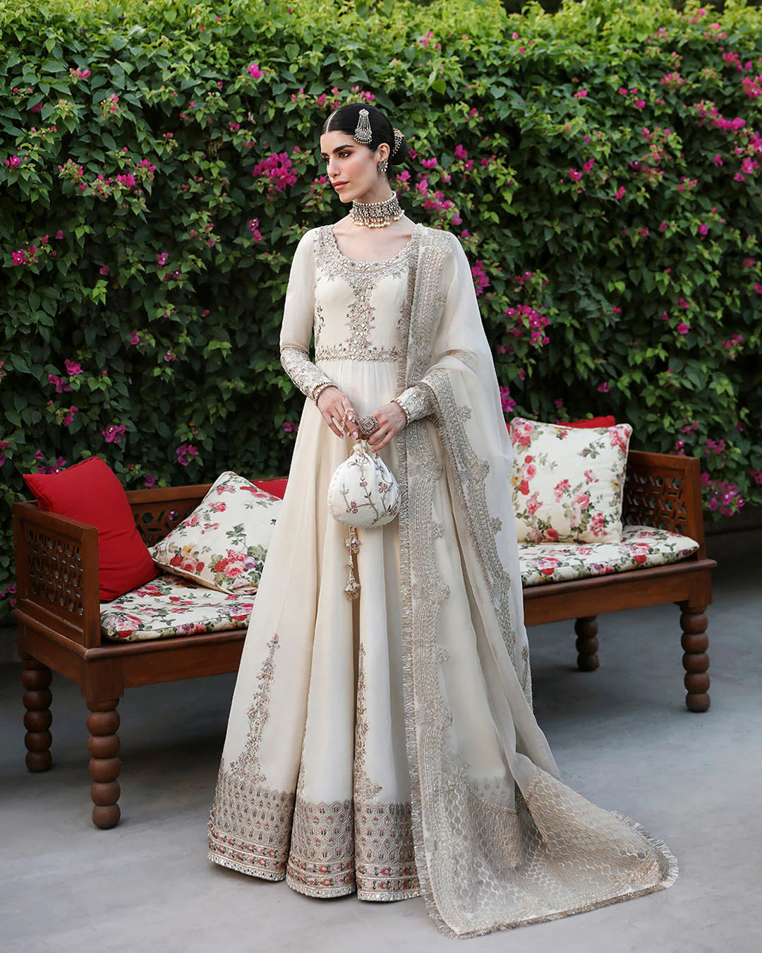 Faiza Saqlain | Off White Embroidered Korean Raw Silk Pishwas