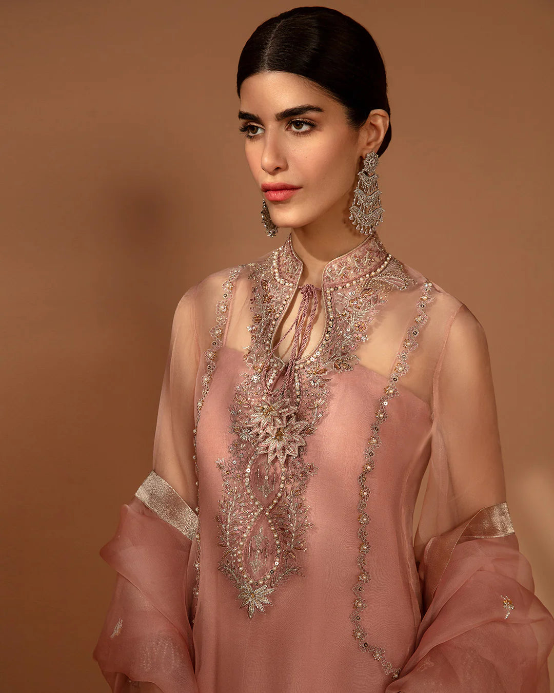 Faiza Saqlain | Peach Embellished Organza Suit