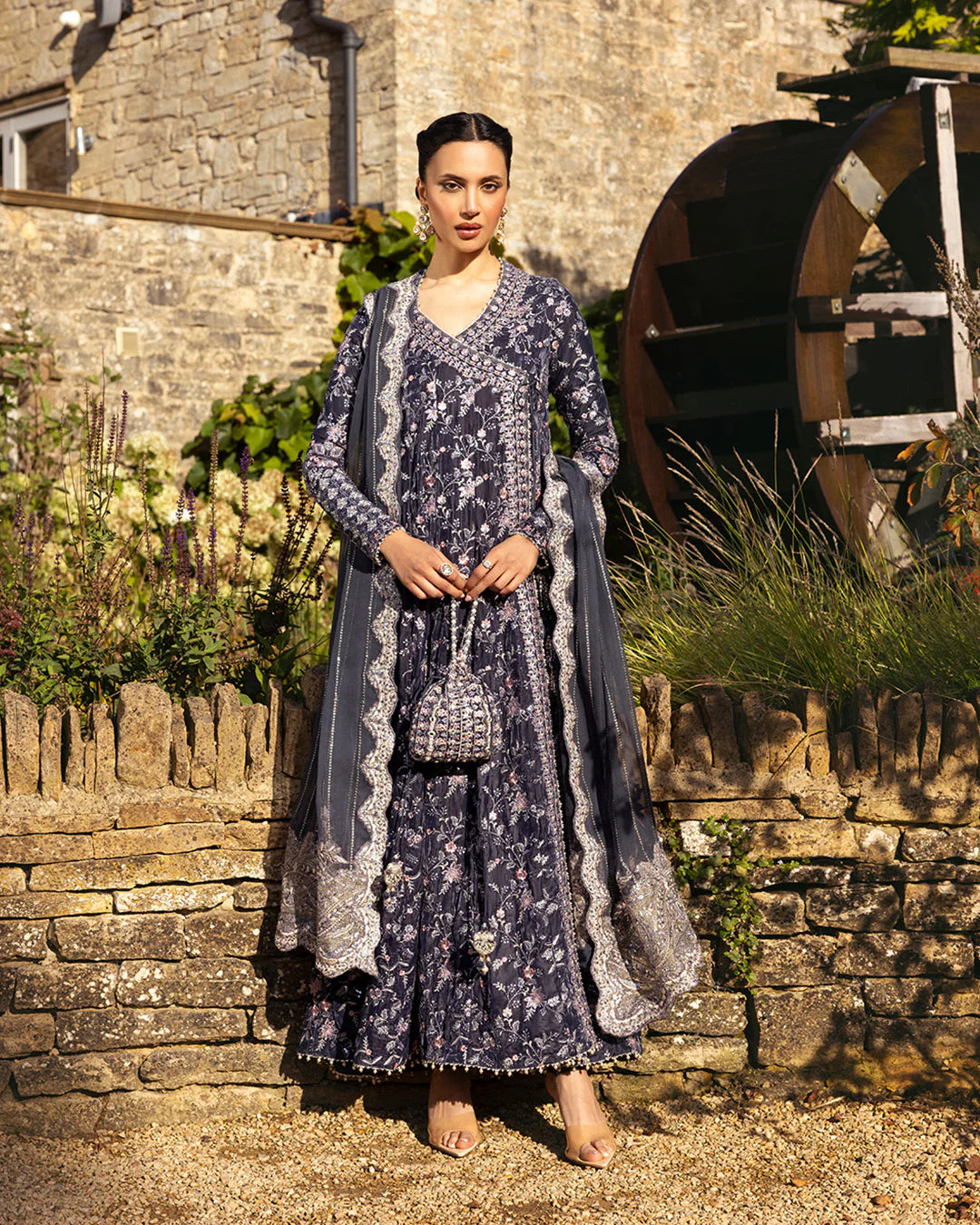 Faiza Saqlain | Charcoal Grey Embroidered Velvet Angrakha
