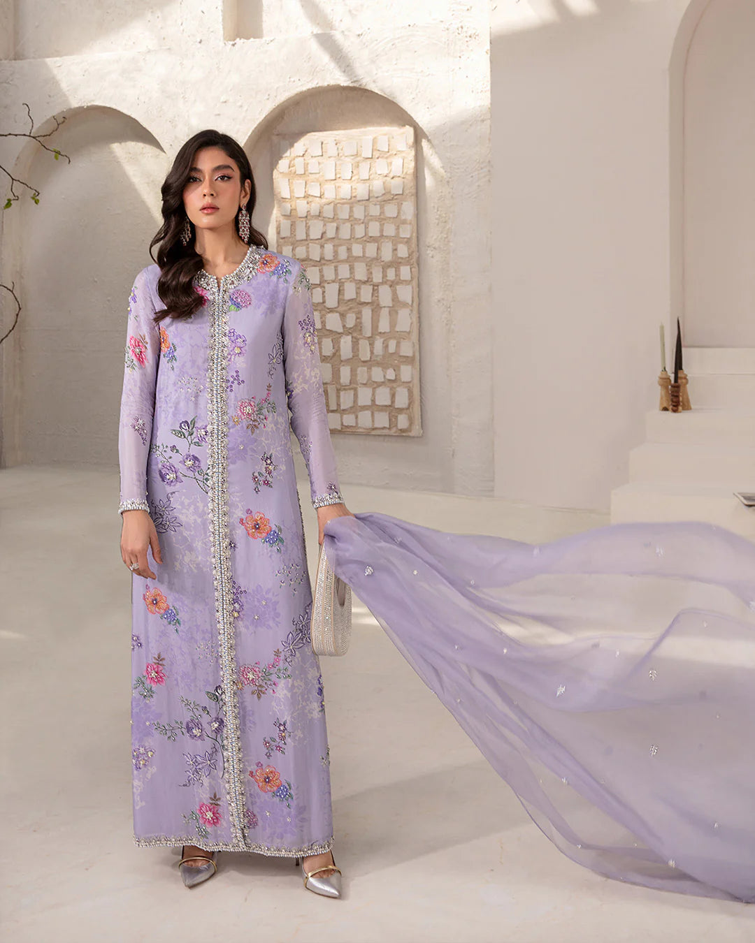 Faiza Saqlain | Lilac Silk Embellished Shirt Silhouette