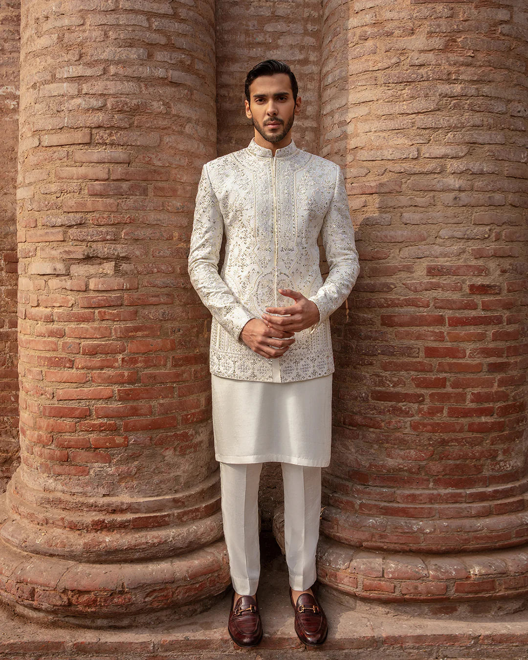 Faiza Saqlain Off White Embroidered Korean Raw Silk Prince Coat Set