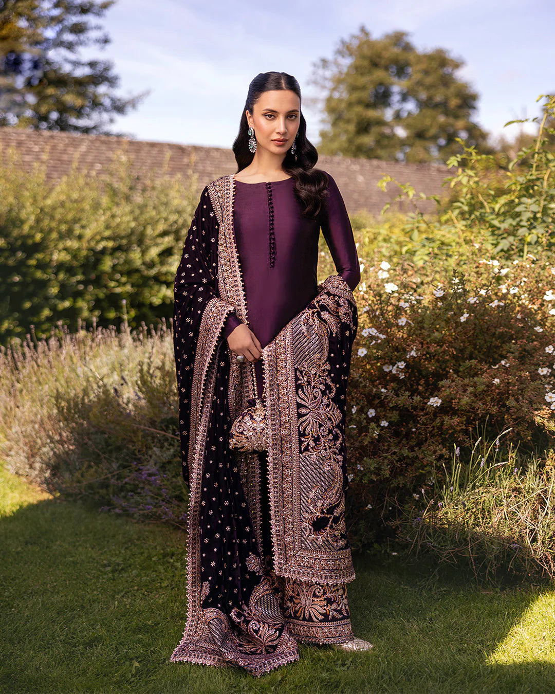Faiza Saqlain | Dark Plum Silk Embroidered Suit