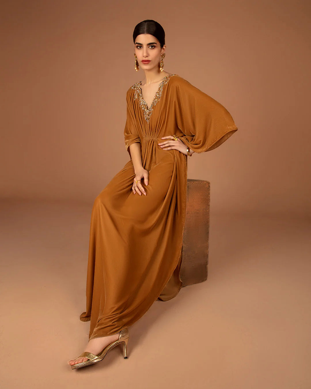 Faiza Saqlain | Mustard Embellished Velvet Kaftan