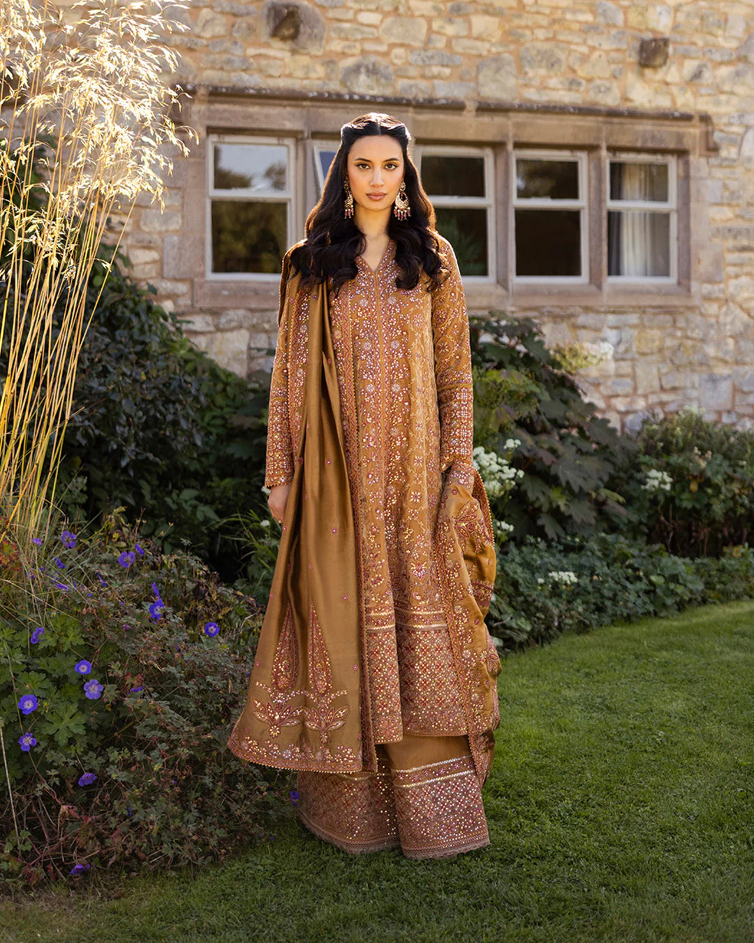 Faiza Saqlain | Mustard Brown Embroidered Velvet Dress