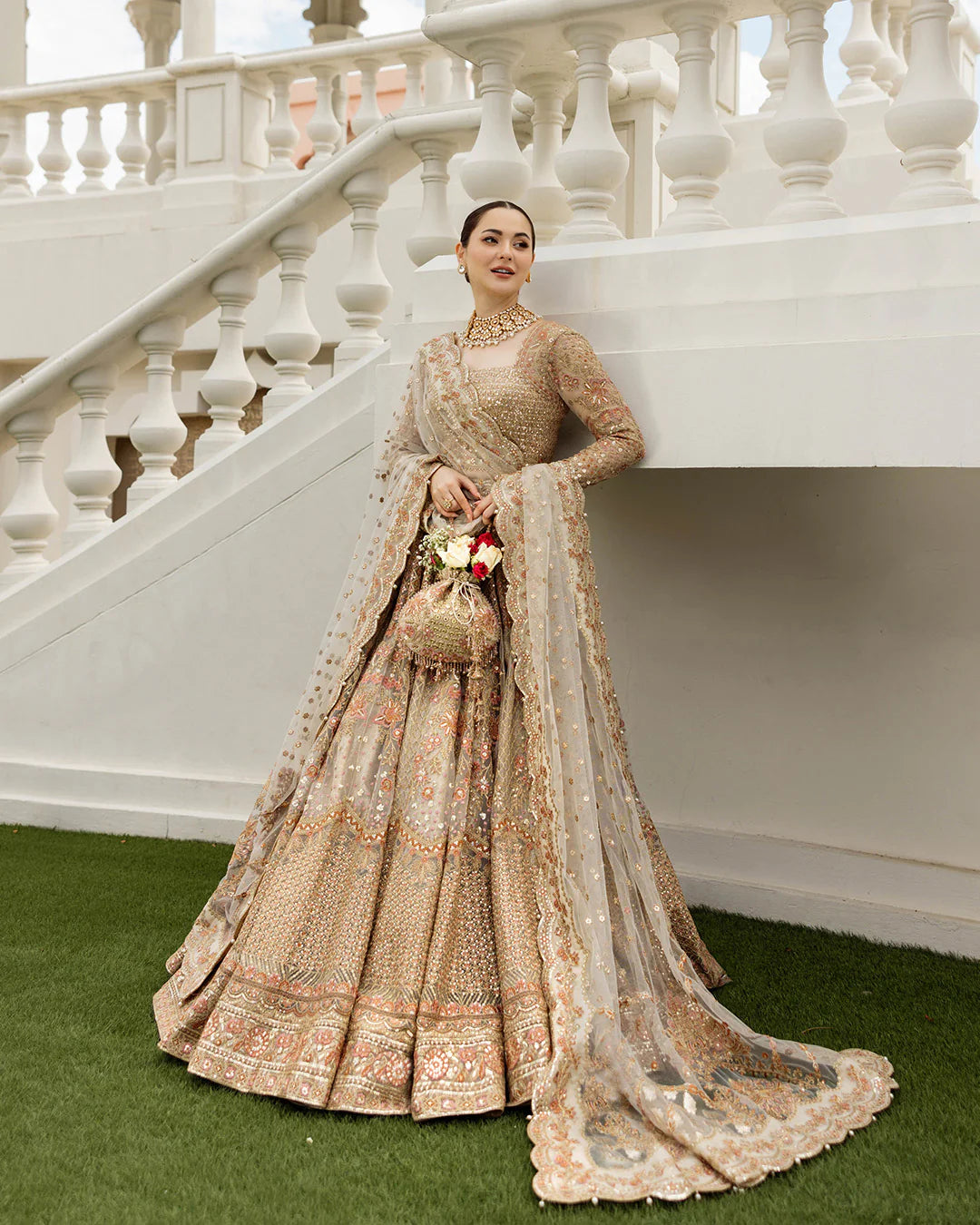 Faiza Saqlain | Ivory Gold Net Embroidered Sequenced Lehenga Choli