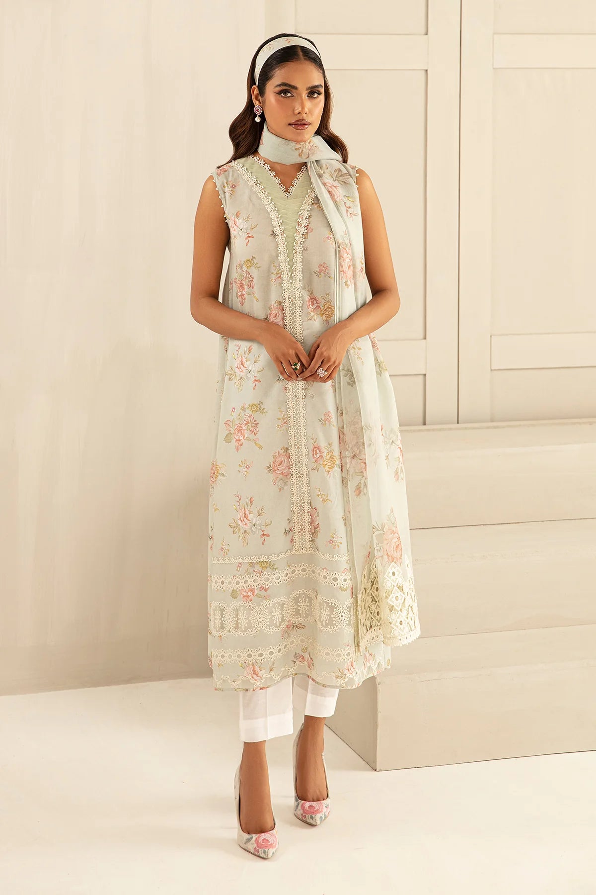 White Printed Floral Lawn Dress