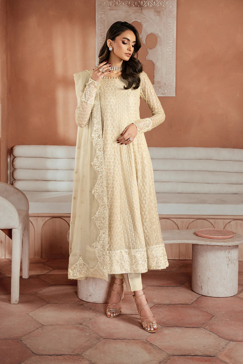 Iznik | Off White Chiffon Embroidered Pishwas