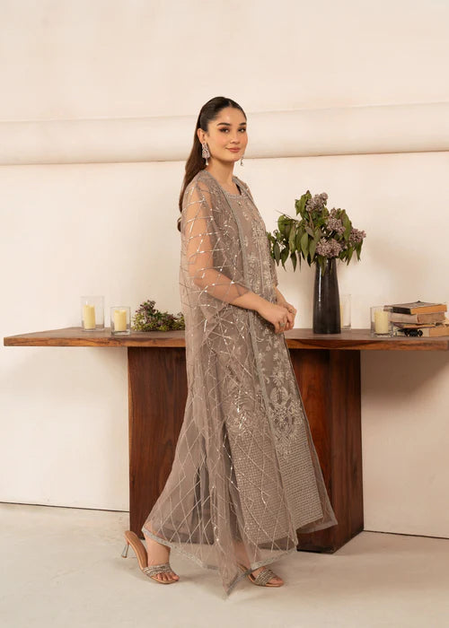 Malhaar | Beige Hand Embroidered Net Kaftan