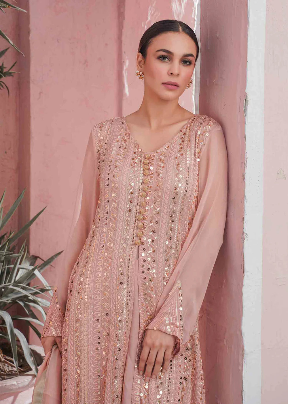 Ufaq | Peach Chikenkari Embellished Gown